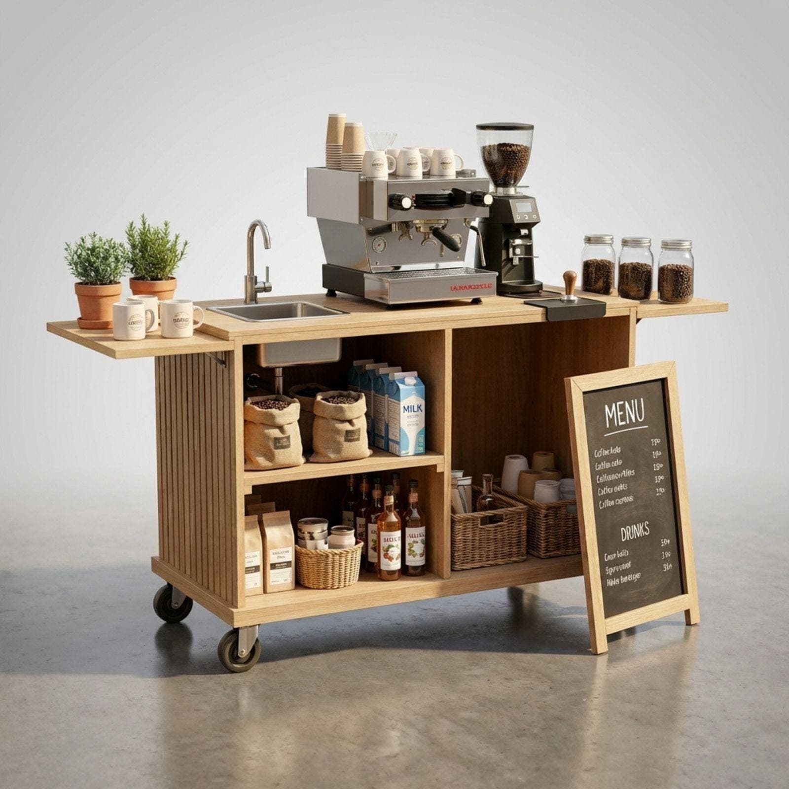DIY Coffee Cart With Sink Plans PDF | Collapsible Mobile Espresso Bar Blueprint | Handsink Food Cart Build Guide | Fluted Wood Workstation 2