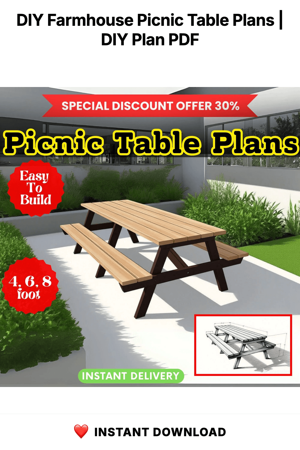 DIY Farmhouse Picnic Table Plans | Outdoor Furniture (PDF Pattern)