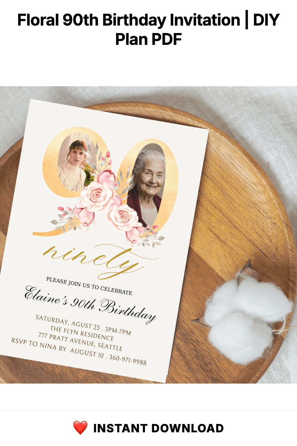 Floral 90th Birthday Invitation | Photo Keepsake (Digital)