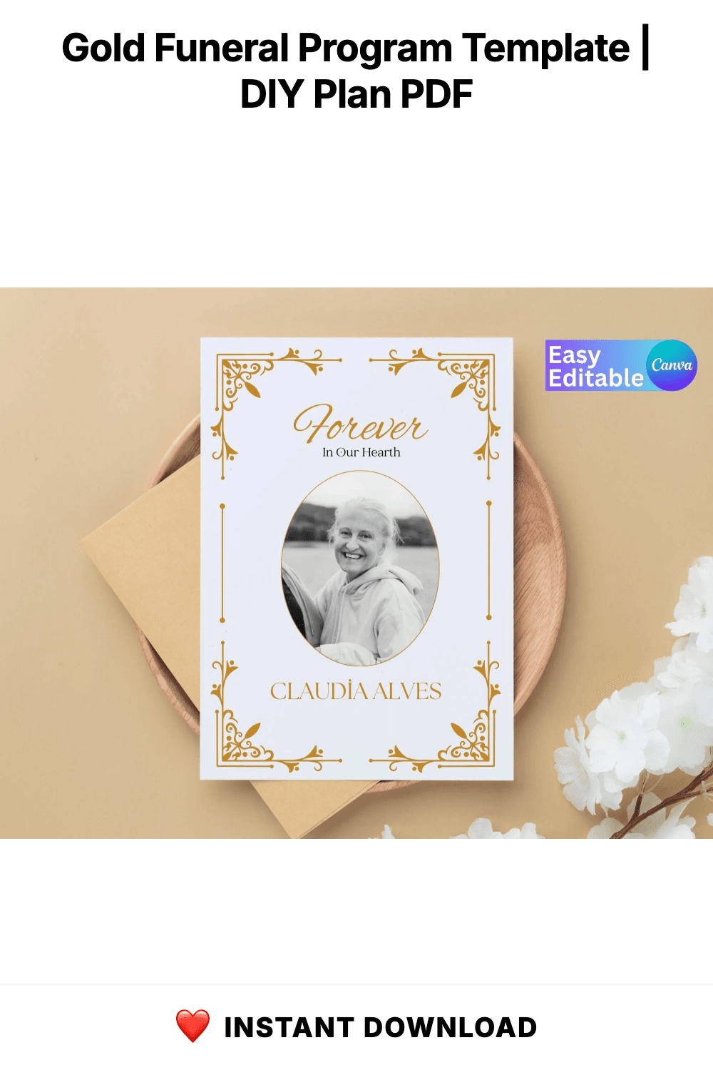Gold Funeral Program Template | Canva Bifold Memorial (Digital Download)