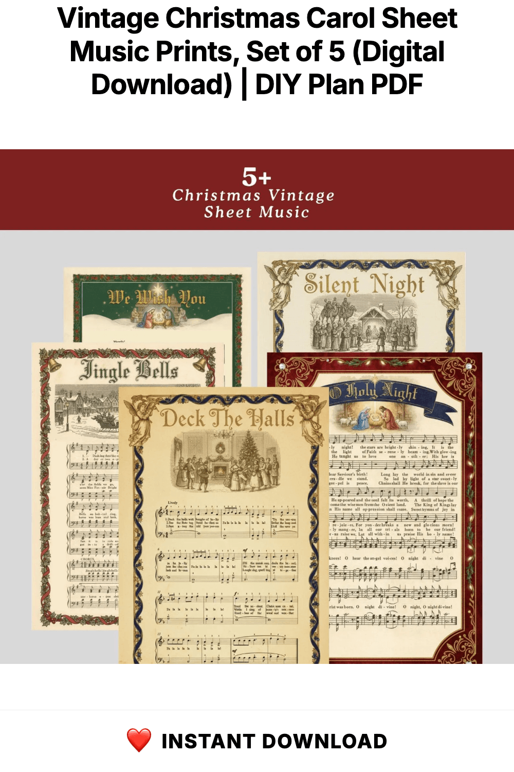 Vintage Christmas Carol Sheet Music Prints, Set of 5 (Digital Download)