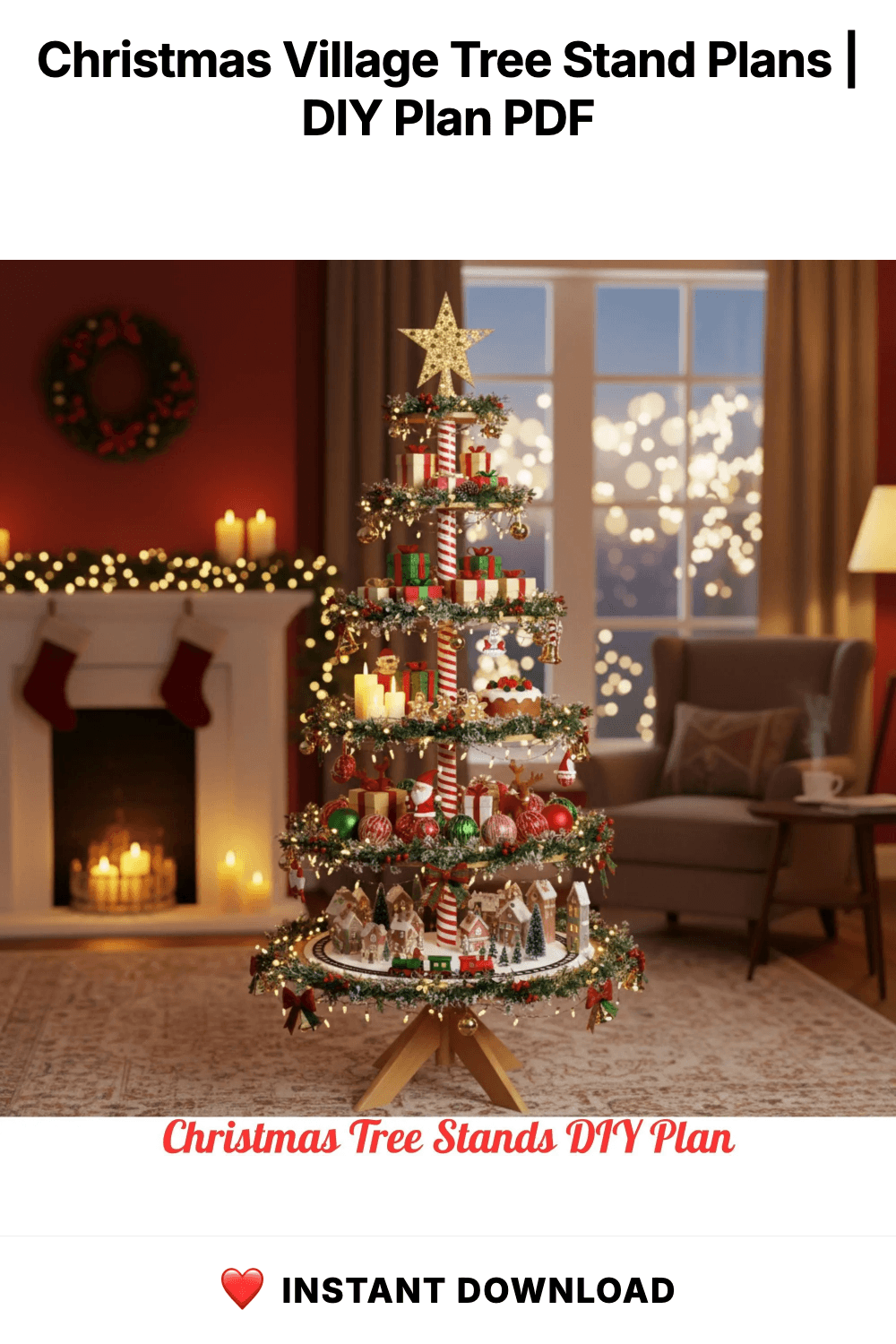Christmas Village Tree Stand Plans | DIY Tiered Display Shelf Instructions | Wooden Miniature Village Platform | Woodworking Pattern