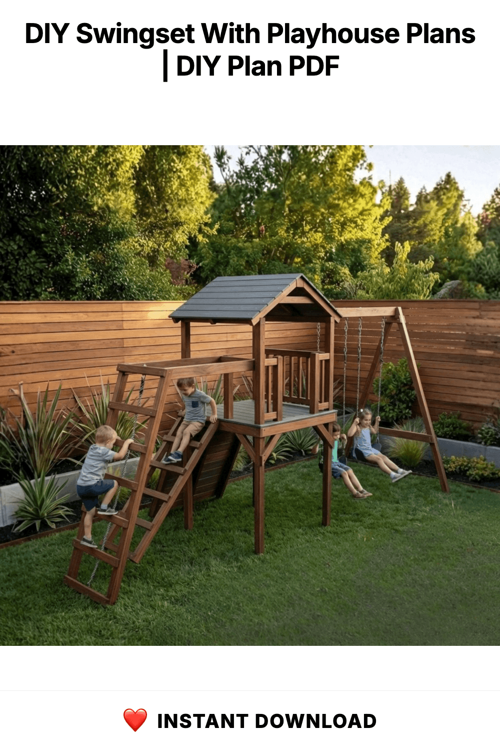 DIY Swingset With Playhouse Plans | Wooden Playset Plan PDF | Backyard Playground Plans