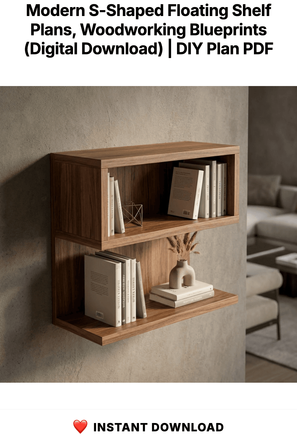 Modern S-Shaped Floating Shelf Plans, Woodworking Blueprints (Digital Download)