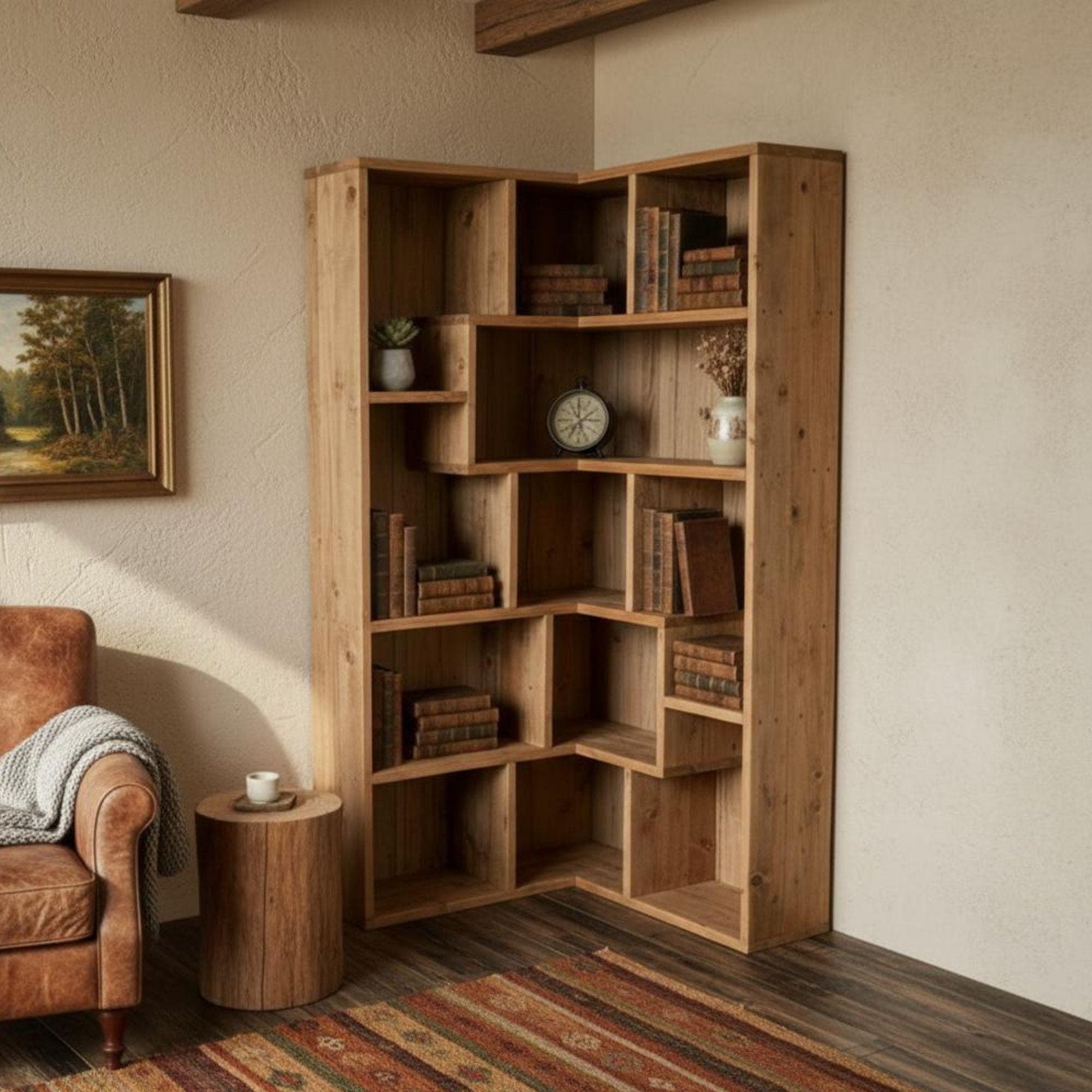 DIY Corner Bookshelf Plans PDF | Artistic Triangle Wall Shelf | Space-Saving Wood Corner Unit | Hanging Corner Bookcase & Decor