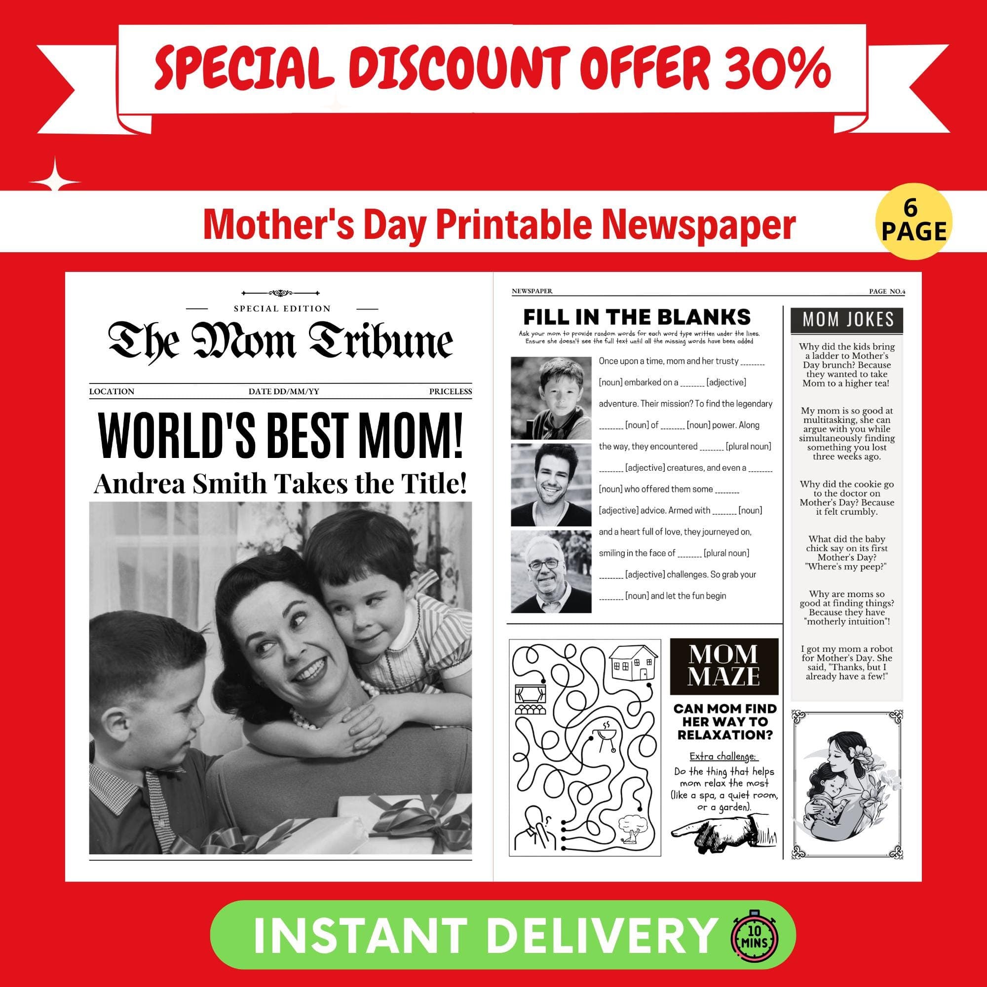 Personalized Mother's Day Newspaper Gift | Printable Card (Canva Template)