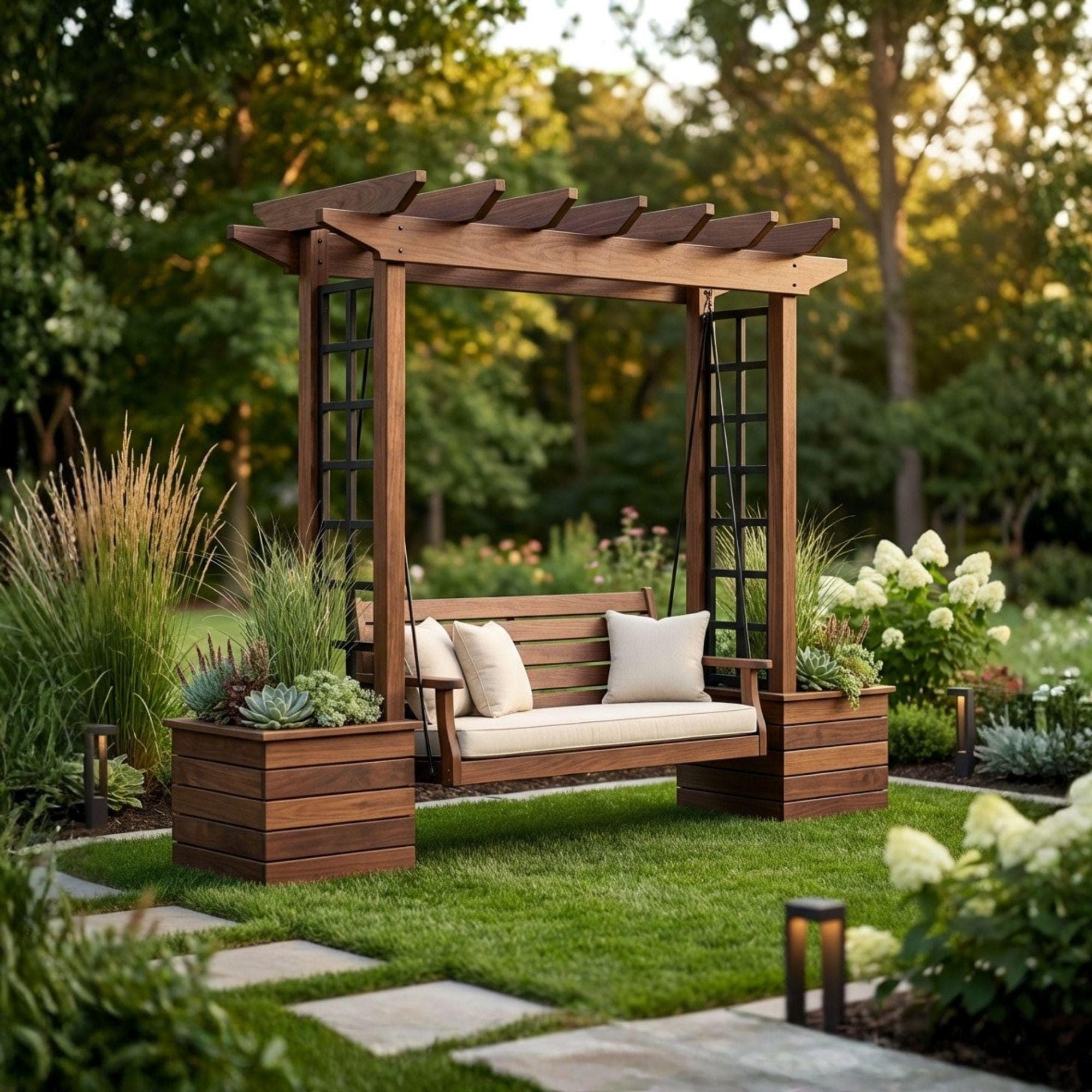 DIY Wooden Bench with Pergola and Planters | Outdoor Garden Seating & Trellis Woodworking Plan
