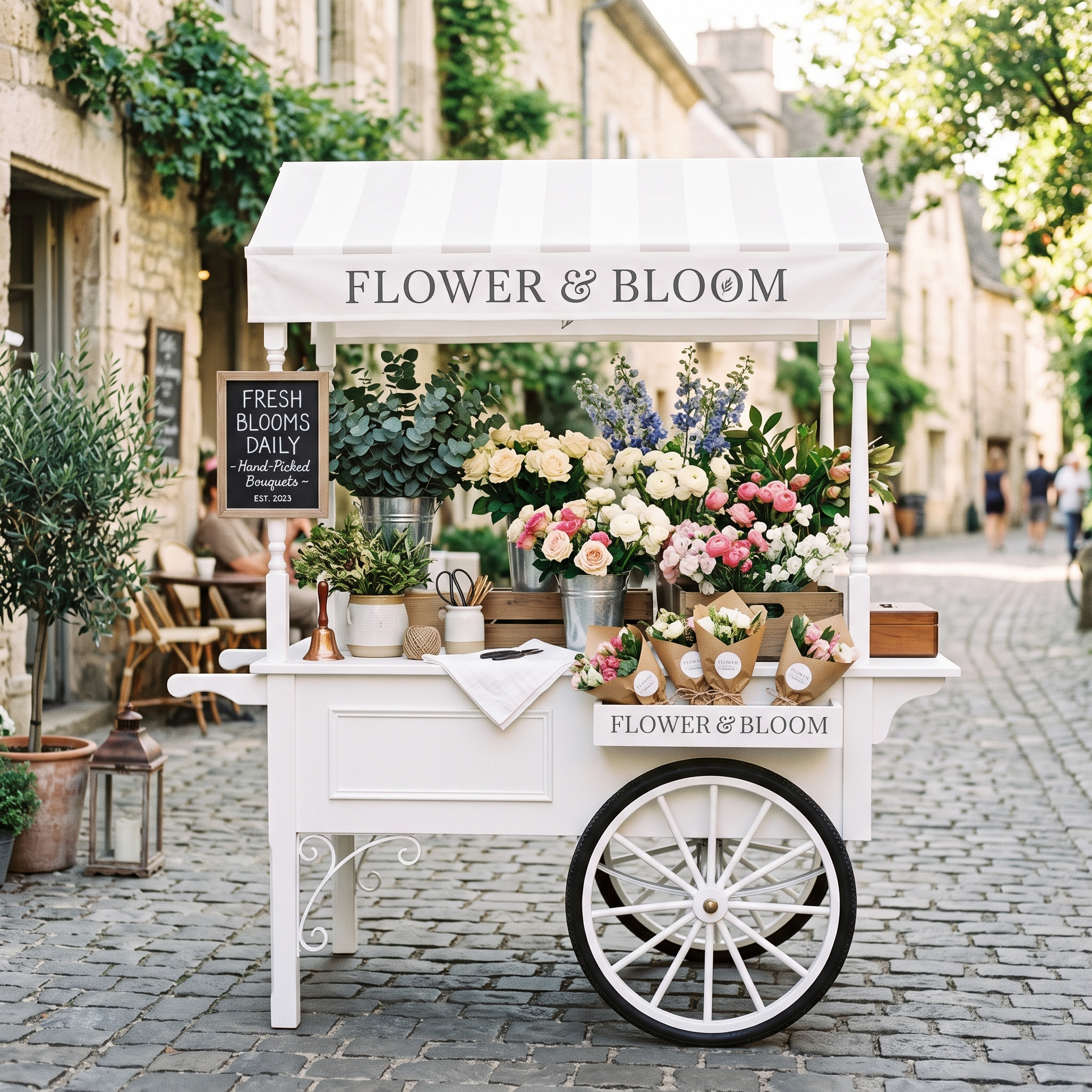 The Striped Awning Flower & Bloom Cart - Handcrafted Commercial Cart for Sale