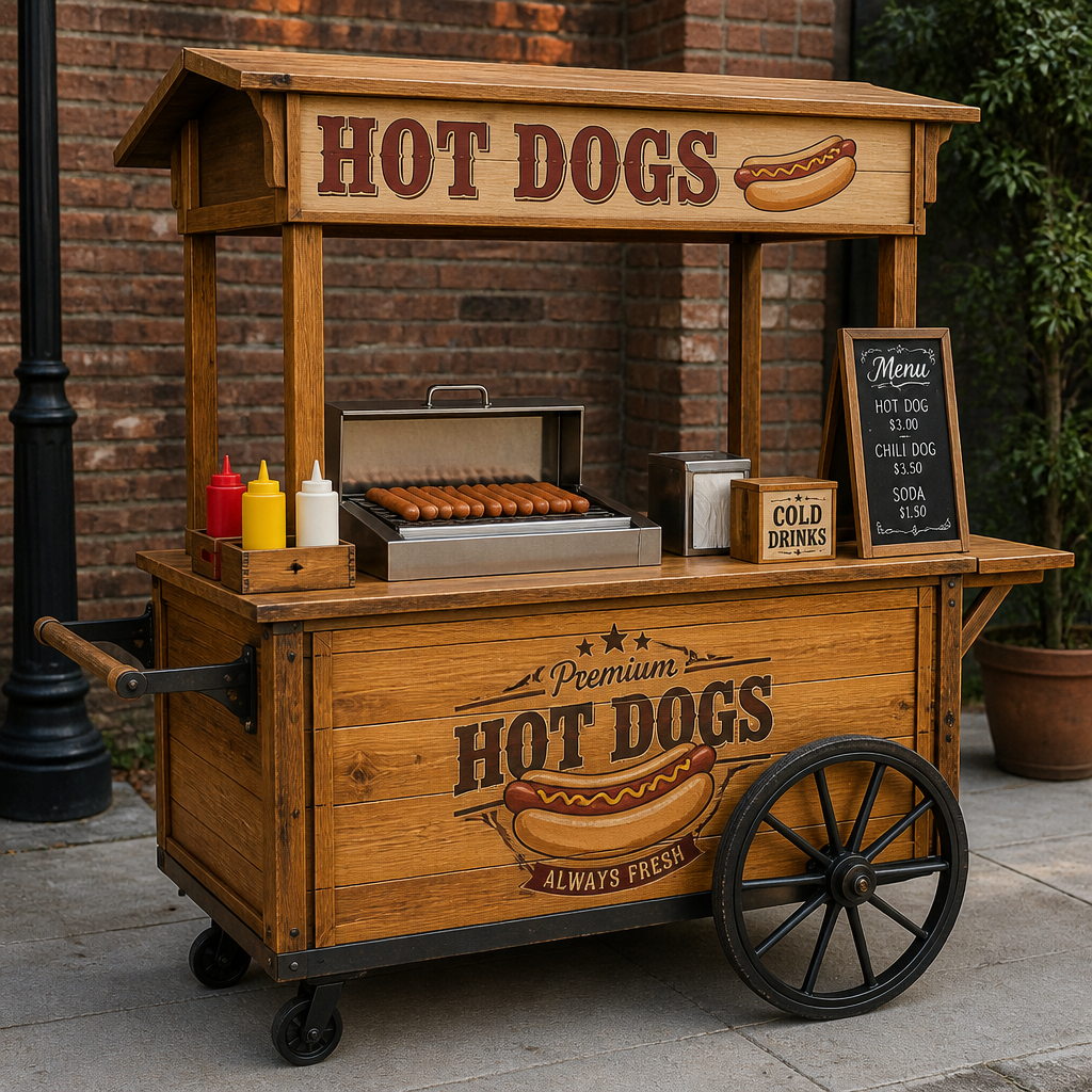 Vintage Handcrafted Wooden Hot Dog Cart - Handcrafted Commercial Cart for Sale